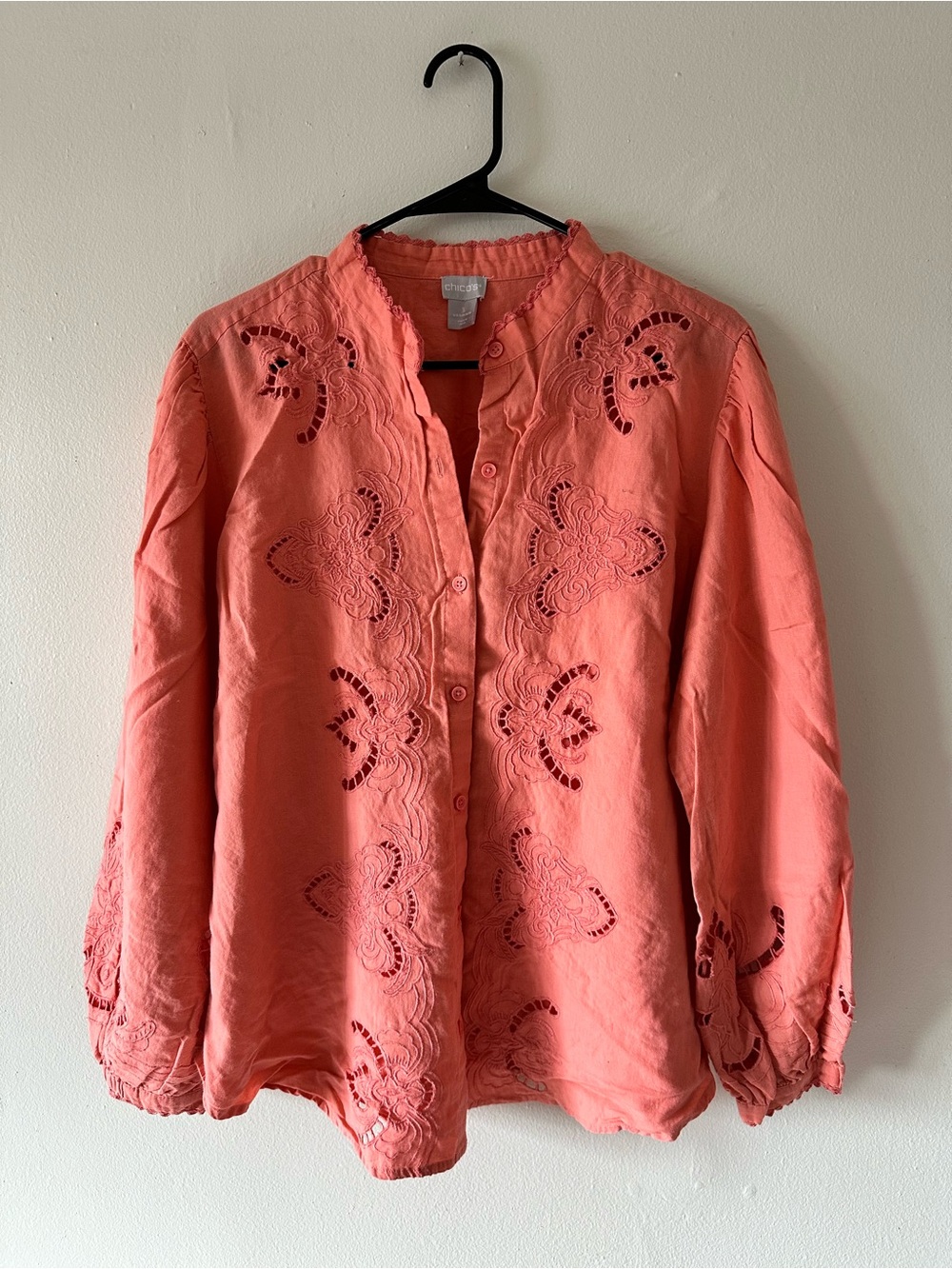 Chico's Coral Eyelet Button-Down Linen Blend Shirt